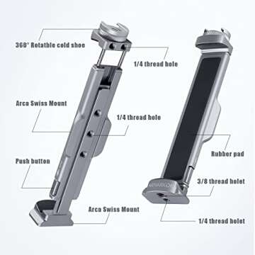 ARNARKOK Metal Tablet Tripod Mount, 7.9-12.9in Ipad Holder, Rotatable Cold Shoe, 2 Acra Swiss QR Bracket, Universal Tablet Mount for Video Recording