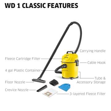 Kärcher WD 1 Classic Multi-Purpose 4 Gallon Wet-Dry Shop Vacuum Cleaner with Floor Nozzle, Crevice Nozzle, Blower Feature, Compact Space-Saving Design, 900W