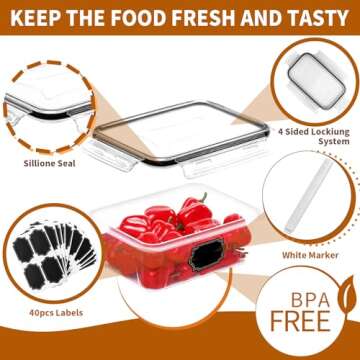 PRAKI 48 Pack Food Storage Containers with Airtight Lids (24 Containers & 24 Lids), Kitchen storage containers for Pantry Organizers and Storage, Meal Prep Container with Labels & Marker