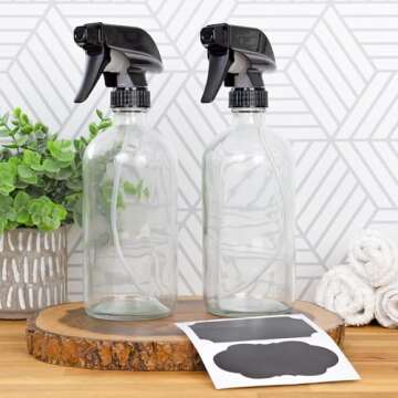 Cornucopia 16oz Clear Glass Spray Bottles w/Chalk Labels (2 Pack); Boston Round Bottles with 3-Setti...