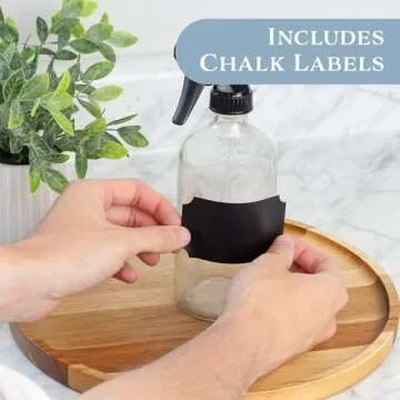 Cornucopia 16oz Clear Glass Spray Bottles w/Chalk Labels (2 Pack); Boston Round Bottles with 3-Setting Adjustable Heavy Duty Sprayers