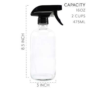 Cornucopia 16oz Clear Glass Spray Bottles w/Chalk Labels (2 Pack); Boston Round Bottles with 3-Setting Adjustable Heavy Duty Sprayers