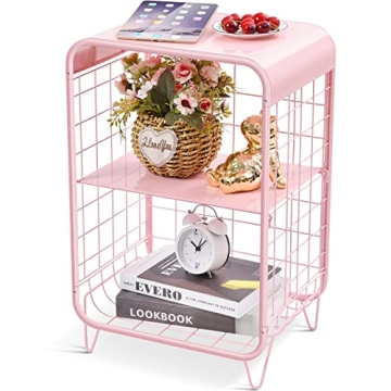 APEXCHASER Cute Pink Nightstand - Stylish 3-Tier Side Table with Storage