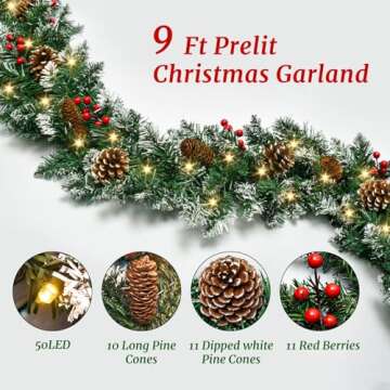 9 FT Christmas Garland with Lights,Battery Operated Lighted Garland with Pine Cones Red Berries Lush Branches,50 LED Lights 8 Modes,Christmas Decor Mantle Fireplace Indoor Outdoor Home