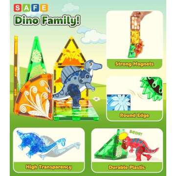 Asago Magnetic Tiles Dinosaurs Magnet Building Blocks Toys for Kids Ages 3-5 4-8 8-12 Creative Animals Educational Stack Tile Construction for Boys Girls Toddlers 5-7 Year Old to STEM Learning
