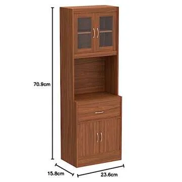 Hodedah Long Standing Kitchen Cabinet with Top & Bottom Enclosed Cabinet Space, One Drawer, Large Open Space for Microwave, Cherry