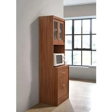 Hodedah Long Standing Kitchen Cabinet with Top & Bottom Enclosed Cabinet Space, One Drawer, Large Open Space for Microwave, Cherry
