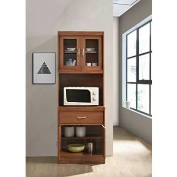 Hodedah Long Standing Kitchen Cabinet with Top & Bottom Enclosed Cabinet Space, One Drawer, Large Open Space for Microwave, Cherry