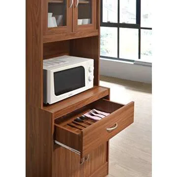 Hodedah Long Standing Kitchen Cabinet with Top & Bottom Enclosed Cabinet Space, One Drawer, Large Open Space for Microwave, Cherry