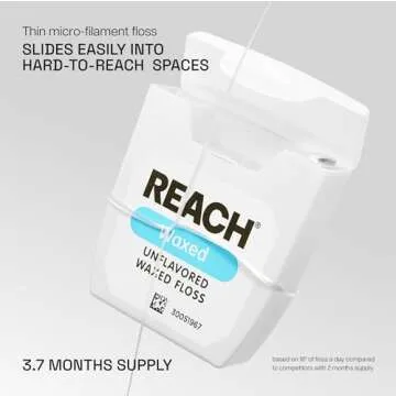 REACH Waxed Dental Floss,Unflavored, Plaque Remover for Teeth, Shred Resistant, Floss Slides Smoothl...