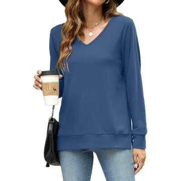 Bosmeer Womens Pullover Sweaters V Neck Lightweight Tunic Tops Fall Fashion 2023 Blue