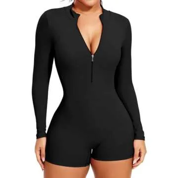 SEASUM Women Long Sleeve Shorts Jumpsuit Zip Up Bodysuits 2024 Yoga Workout Unitards Bodycon One Pie...