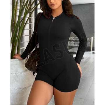 SEASUM Women Long Sleeve Shorts Jumpsuit Zip Up Bodysuits 2024 Yoga Workout Unitards Bodycon One Piece Tummy Control Open Back Romper Black S