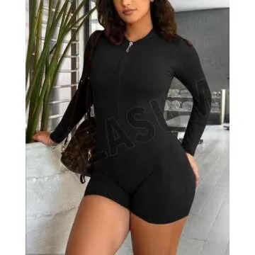 SEASUM Women Long Sleeve Shorts Jumpsuit Zip Up Bodysuits 2024 Yoga Workout Unitards Bodycon One Piece Tummy Control Open Back Romper Black S