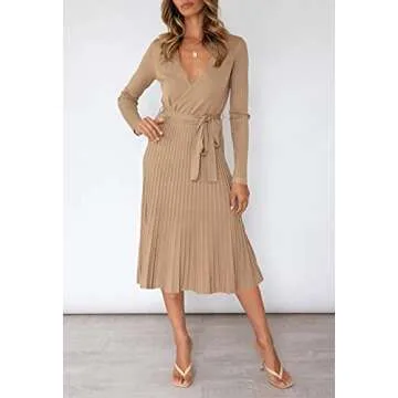VamJump Womens Winter Sweater Dress V Neck Long Sleeve Pleated Dress with Belt,Khaki,M