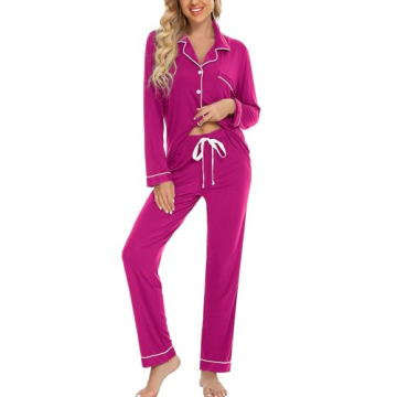 Leikar Button Up Valentines Pajamas For Women 2 Piece Soft Long Sleeve Hot Pink Pajamas Sleepwear Pj...