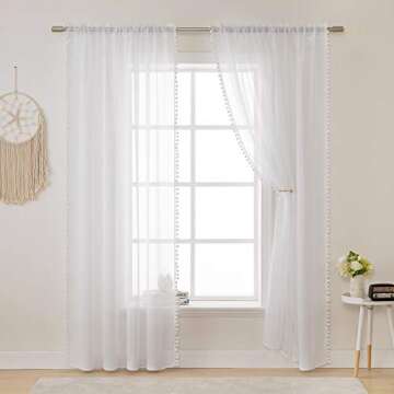 MIULEE Linen Textured Window Sheer Curtains with Pom Pom for Bedroom Living Room Semi Transparent Ki...