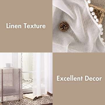 MIULEE Linen Textured Window Sheer Curtains with Pom Pom for Bedroom Living Room Semi Transparent Kids Voile Panels for Light Filtering W 54 x L 90 Inches 2 PCs White