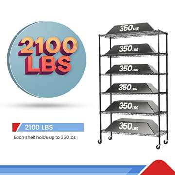 Durable 6 Tier Metal Shelf with Adjustability & Wheels
