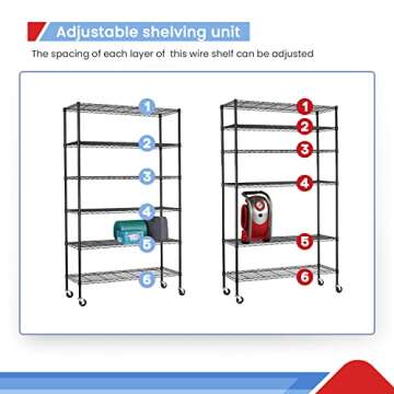 Durable 6 Tier Metal Shelf with Adjustability & Wheels