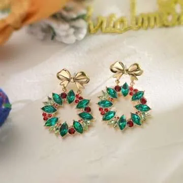 Colorful Christmas Bow Wreath Earrings for Women