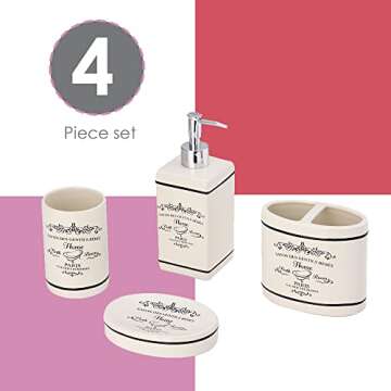 Home Basics Paris Collection 4 Piece Bathroom Accessories Set Featuring a Soap Dispenser, Toothbrush Holder, Tumbler, and Soap Dish