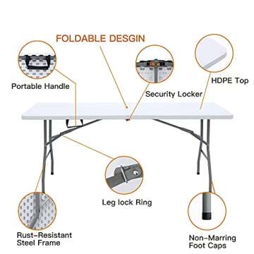 Lakhow Folding Table 6ft Plastic Folding Table Indoor & Outdoor for Picnic, Camping,BBQ and Party, with Powder Coated Steel Legs and Built in Carry Handle, White