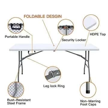Lakhow Folding Table 6ft Plastic Folding Table Indoor & Outdoor for Picnic, Camping,BBQ and Party, with Powder Coated Steel Legs and Built in Carry Handle, White