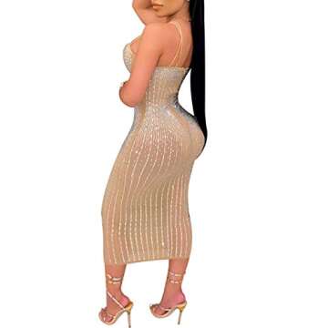 Ranfare Women's Sexy Mesh See Through Rhinestone Bodycon Zipper Midi Dress Clubwear Outfit (Khaki 10...