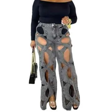 Vaceky Hollow Out Jeans Women Y2K Trendy High Waist Straight Leg Stretchy Summer Denim Pant Black