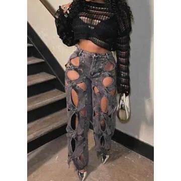 Vaceky Hollow Out Jeans Women Y2K Trendy High Waist Straight Leg Stretchy Summer Denim Pant Black