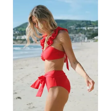 Women High Waisted Swimsuit with Ruffle Adjustable Straps