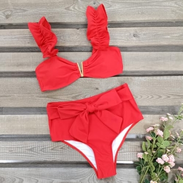 Women High Waisted Swimsuit with Ruffle Adjustable Straps