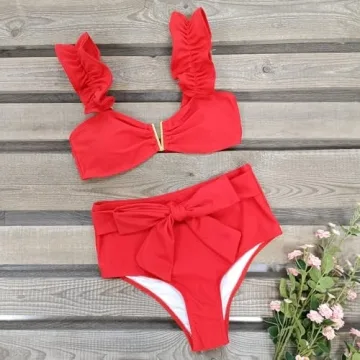 Women High Waisted Swimsuit with Ruffle Adjustable Straps
