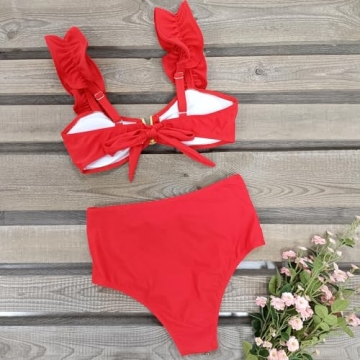 Women High Waisted Swimsuit with Ruffle Adjustable Straps