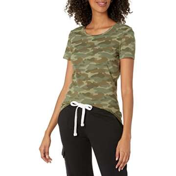 Amazon Essentials Women's Classic-Fit Short-Sleeve Crewneck T-Shirt, Pack of 2, Olive Camo/White Stripe, Large