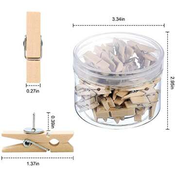 HQDeal Push Pins with Wooden Clips, 50 Pieces Thumbtacks Pushpins Paper Clips Clothespins for Cork B...