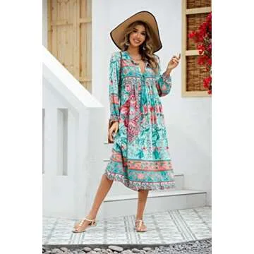 R.Vivimos Women's Long Sleeve Floral Print Retro V Neck Tassel Bohemian Midi Dresses (Medium, Light ...