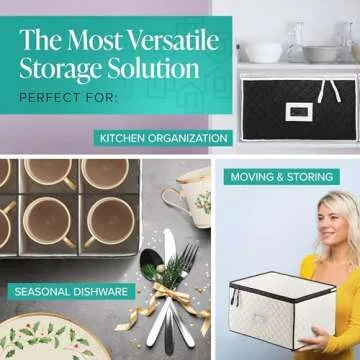 Woffit China Storage Containers - 6 Pack, Quilted Dinnerware & Stemware Set Bins for Packing Dishes and Glasses w/ 48 Felt Protectors - Christmas, Seasonal Storage