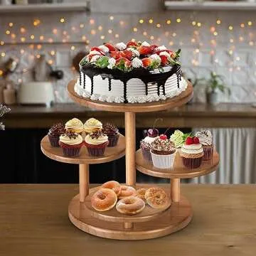 4 Tier Round Cupcake Tower Stand Wooden Cake Stand Rustic Cupcake Stand Cake and Cupcake Stand Combo Farmhouse Tiered Tray Decor Desert Stands Food Display Stands for Party