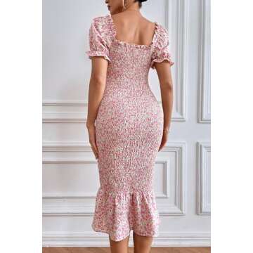 PRETTYGARDEN Women's Summer Floral Midi Bodycon Dresses Short Puff Sleeve Square Neck Ruffle Hem Mer...