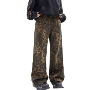 Leopard Print Baggy Jeans for Mens Hip Hop Loose fit Y2K Vintage Denim Pants Chic Street Style Wide ...