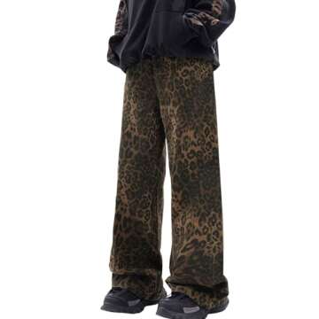 Leopard Print Baggy Jeans for Mens Hip Hop Loose fit Y2K Vintage Denim Pants Chic Street Style Wide Leg Jeans Pants (US, Alpha, Small, Regular, Regular, Mens Leopard Jeans)