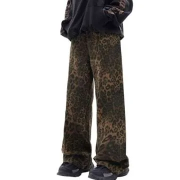 Leopard Print Baggy Jeans for Mens Hip Hop Loose fit Y2K Vintage Denim Pants Chic Street Style Wide Leg Jeans Pants (US, Alpha, Small, Regular, Regular, Mens Leopard Jeans)