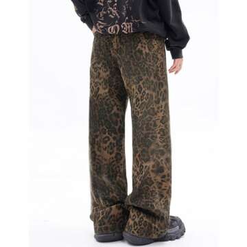 Leopard Print Baggy Jeans for Mens Hip Hop Loose fit Y2K Vintage Denim Pants Chic Street Style Wide Leg Jeans Pants (US, Alpha, Small, Regular, Regular, Mens Leopard Jeans)