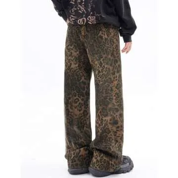 Leopard Print Baggy Jeans for Mens Hip Hop Loose fit Y2K Vintage Denim Pants Chic Street Style Wide Leg Jeans Pants (US, Alpha, Small, Regular, Regular, Mens Leopard Jeans)
