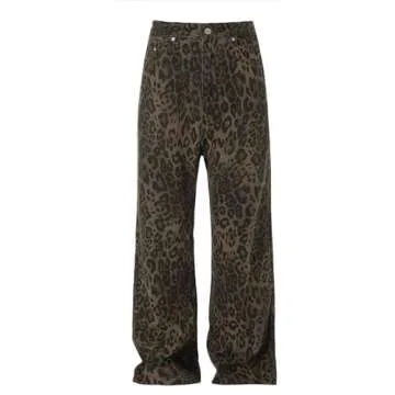 Leopard Print Baggy Jeans for Mens Hip Hop Loose fit Y2K Vintage Denim Pants Chic Street Style Wide Leg Jeans Pants (US, Alpha, Small, Regular, Regular, Mens Leopard Jeans)