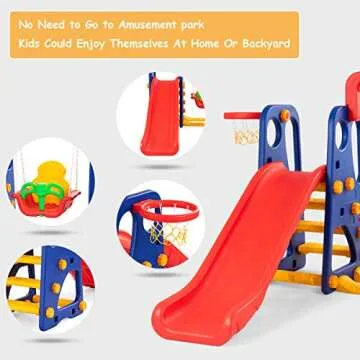 Costzon Toddler Long Slide Set, 3-in-1 Large Climber Playset w/Basketball Hoop, Stairs, Thickened Panel, Playground Swing for Indoor Outdoor Backyard 3-10 Gifts Presents