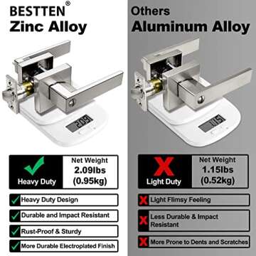 BESTTEN [5 Pack] Heavy Duty Square Privacy Door Lever Set, Nickel Keyless Door Handle, for Bedroom and Bathroom Door, Monaco Series