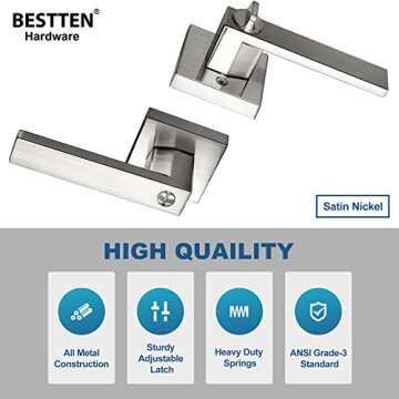 BESTTEN [5 Pack] Heavy Duty Square Privacy Door Lever Set, Nickel Keyless Door Handle, for Bedroom and Bathroom Door, Monaco Series